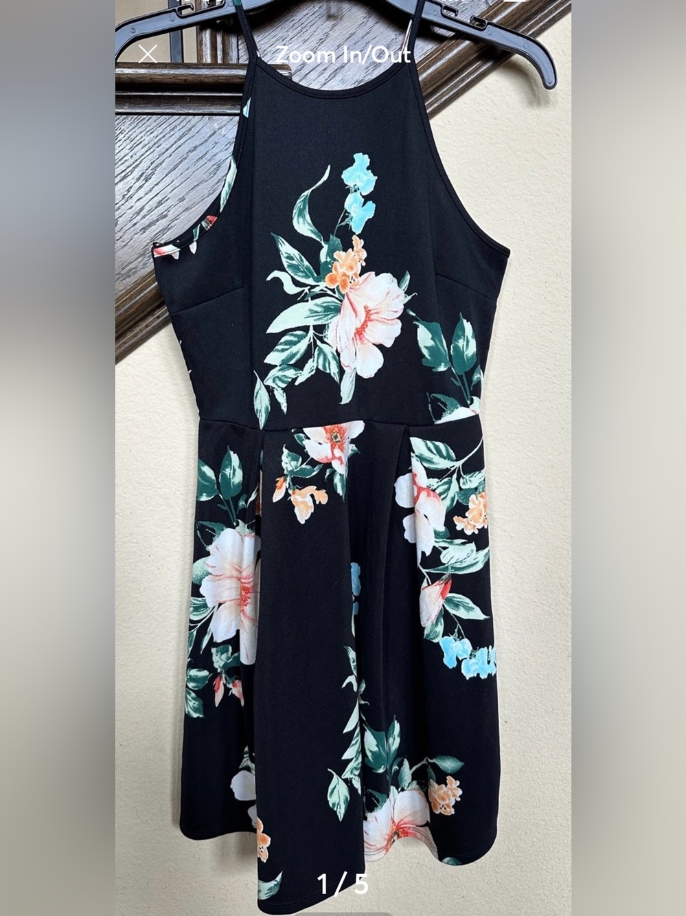 Monteau Black Floral Pattern Halter Skater Dress Large L Summer - Excellent